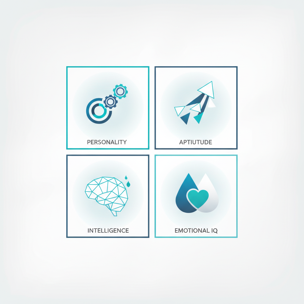 An infographic showing four distinct panels, each with a unique abstract icon representing a main type of psychological test.
