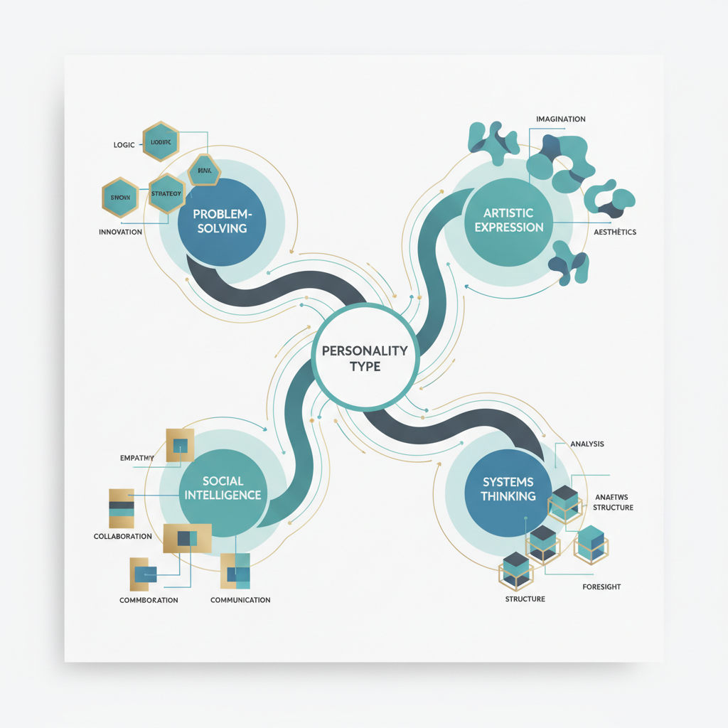 An infographic showing how different Jungian personality types connect to and influence various creative strengths through branching pathways and clusters of geometric shapes.