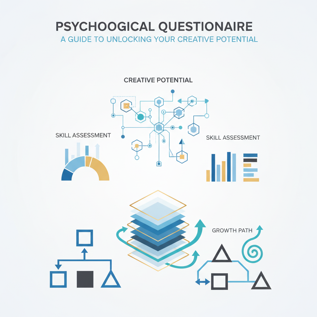 An infographic-style header image depicting abstract interconnected brain maps, skill charts, and layered frameworks, representing the assessment and growth of creative potential through a psychological questionnaire. The image uses a modern, minimalist vector style with soft blue, charcoal, white, and subtle gold accents.