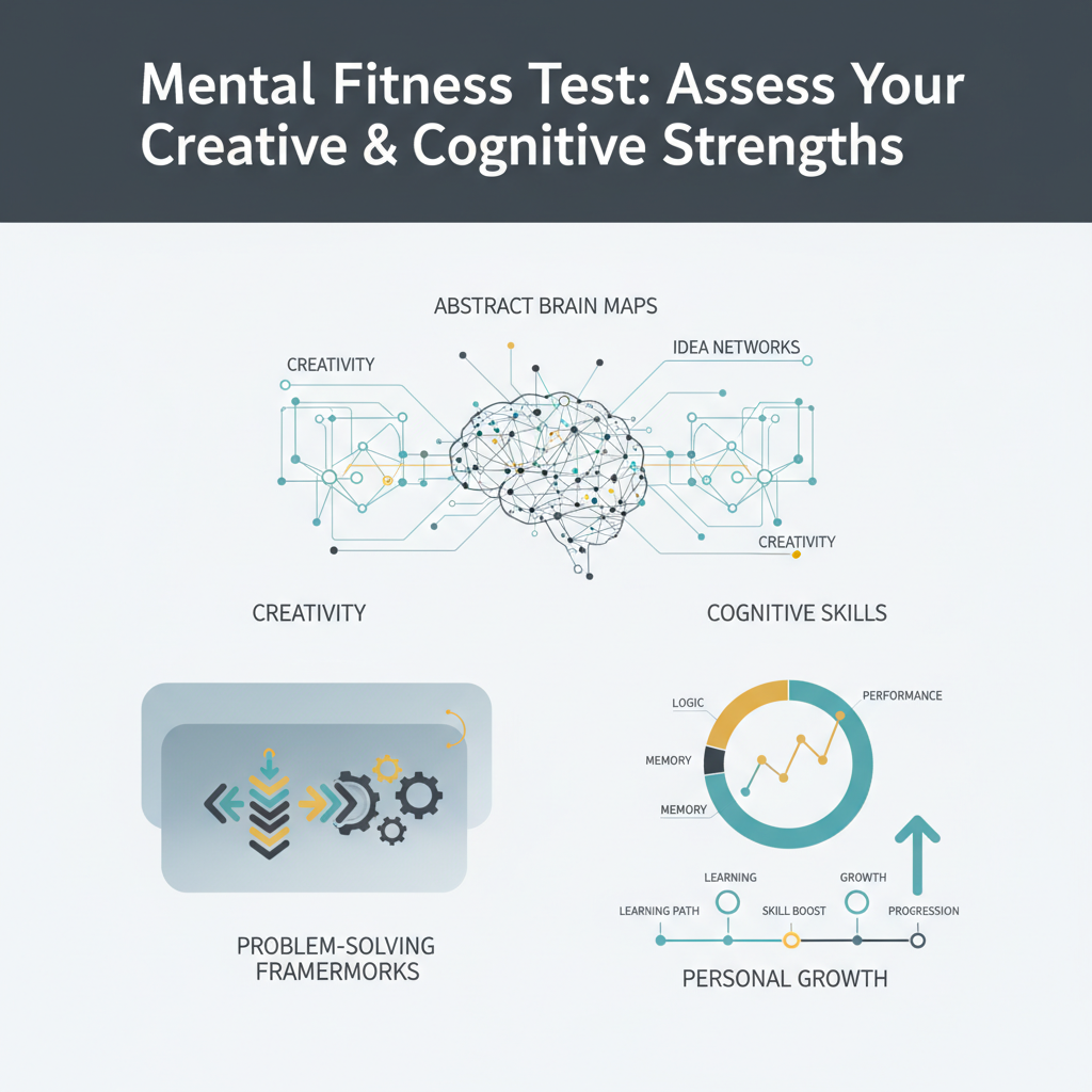 An infographic-style header image representing mental fitness, creativity, and cognitive strengths. The visual features abstract interconnected brain networks symbolizing cognitive processes, layered frameworks illustrating problem-solving strategies, and progression charts with directional arrows indicating personal creative growth and skill development. Designed with modern, minimalist vector graphics, it uses clean geometric shapes in a color palette of soft blues, charcoal, white, and subtle gold or teal accents, conveying scientific insight and growth. No human figures are present.