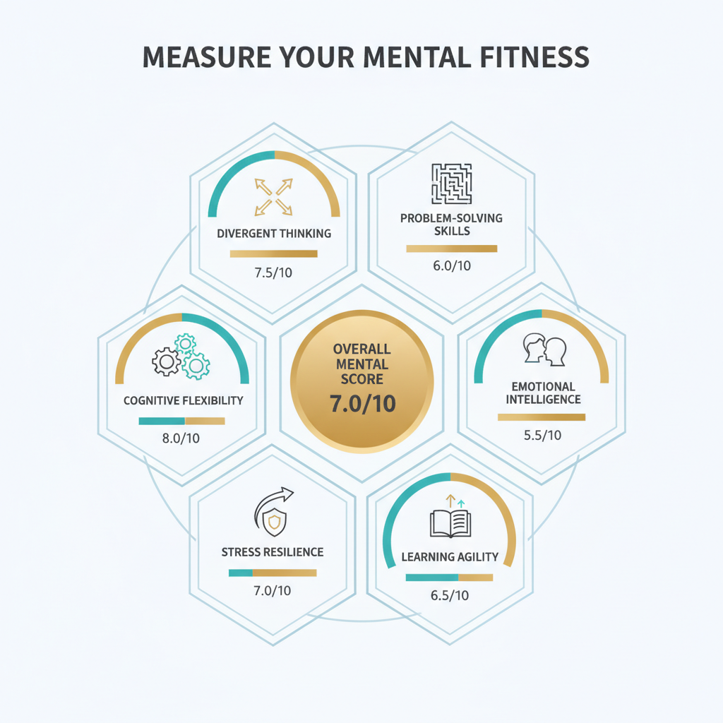 An infographic visualizing different assessment methods and competency metrics for measuring mental fitness.