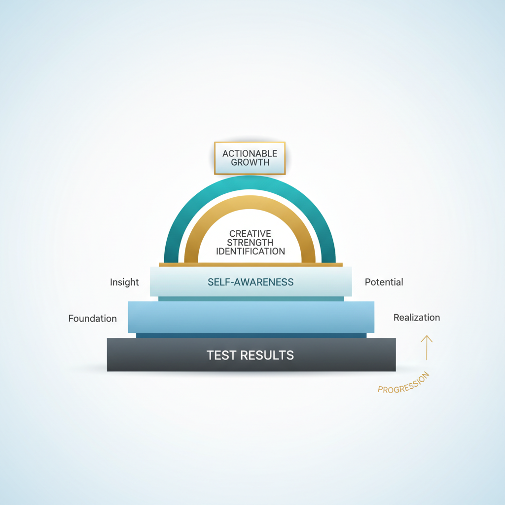 An infographic with a layered system of geometric shapes illustrating the stages of interpreting Jungian test results for personal growth, from initial results to actionable insights.