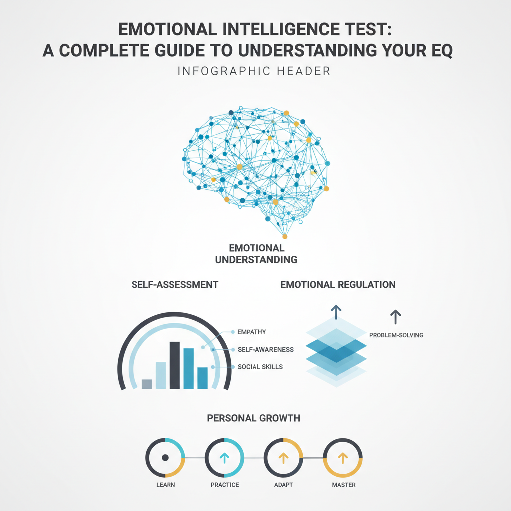 Featured image for 'Emotional Intelligence Test: A Complete Guide to Understanding Your EQ'. A clean, premium infographic-style header visually representing emotional intelligence, self-assessment, and personal growth. It features abstract brain maps, skill matrices, layered frameworks, and milestone progression visuals with directional arrows. The design is modern, vector-based, minimalist, and uses geometric shapes, subtle gradients, and a palette of soft blues, charcoal, white, with gold or teal highlights. No people.