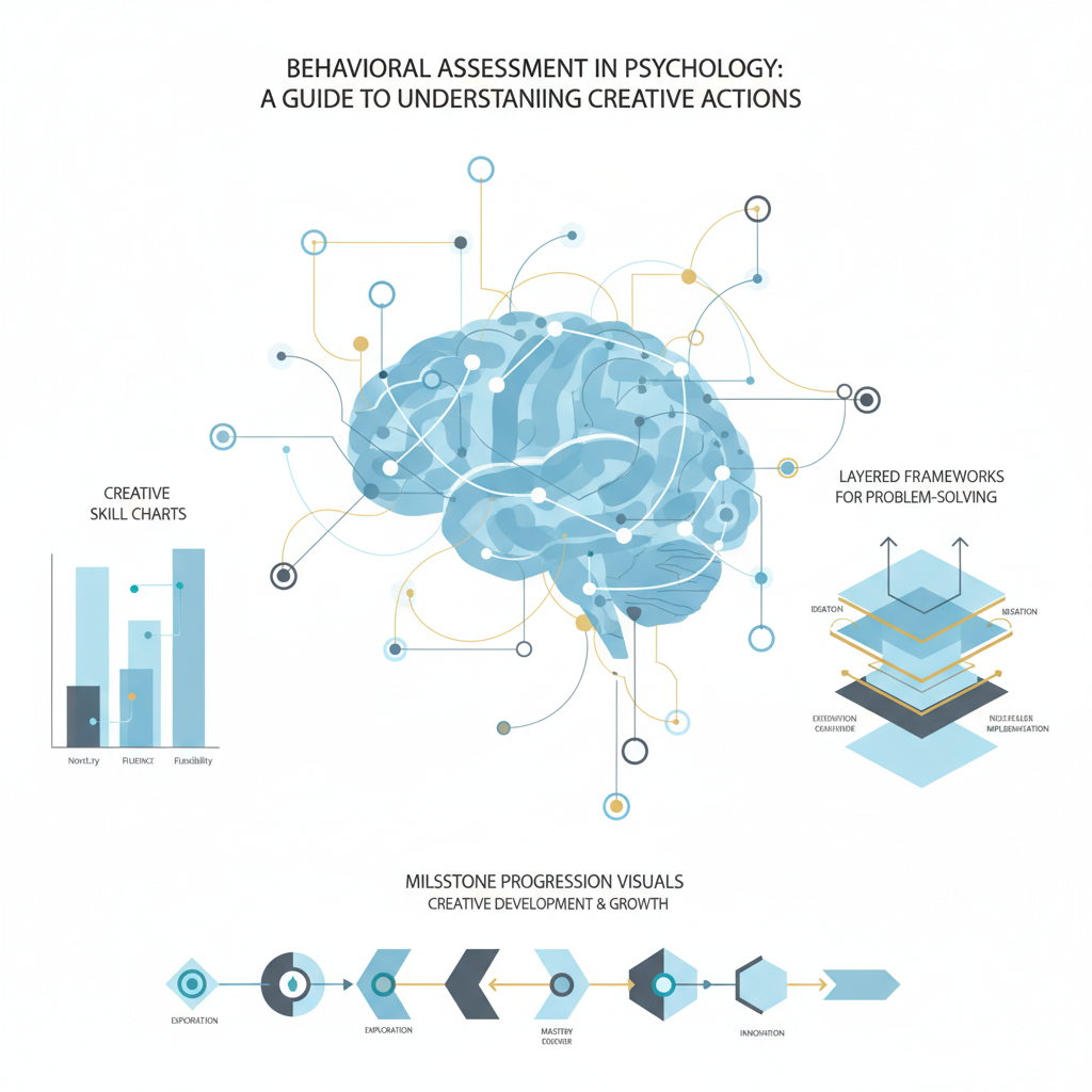 Infographic-style header image for 'Behavioral Assessment in Psychology: A Guide to Understanding Creative Actions'. Features abstract brain maps, interconnected idea networks, skill progression charts, and layered frameworks, all conceptualizing creativity, assessment, and growth. Rendered in a modern, vector-based, minimalist style with soft blues, charcoal, white, and gold accents. No human figures are present.